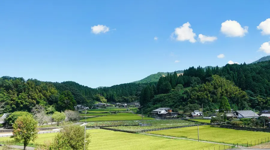 Scenic rural area of Japan with rice paddies and traditional houses